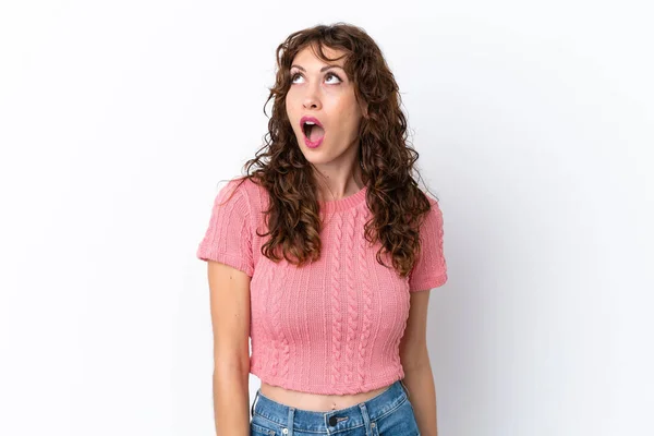 Young Woman Curly Hair Isolated White Background Looking Surprised Expression — Zdjęcie stockowe