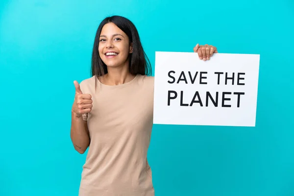 Young Woman Isolated Background Holding Placard Text Planet Thumb — Foto Stock