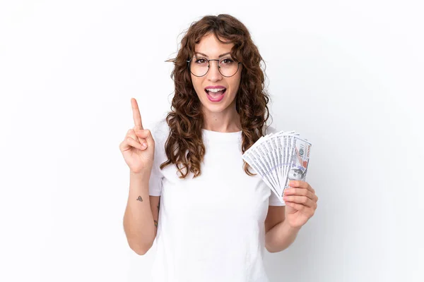 Young Woman Curly Hair Taking Lot Money Isolated Background White — 图库照片