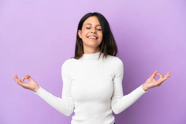 Young Caucasian Woman Isolated Purple Background Zen Pose — Stock Photo, Image