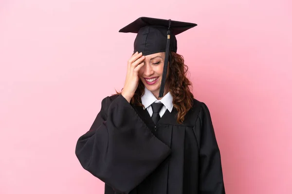 Young University Graduate Woman Isolated Pink Background Laughing — Stok fotoğraf