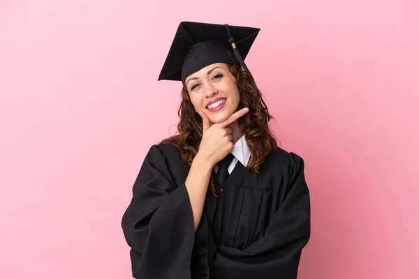 Young University Graduate Woman Isolated Pink Background Smiling — Fotografia de Stock