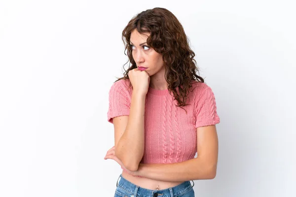 Young Woman Curly Hair Isolated White Background Tired Bored Expression — Fotografia de Stock