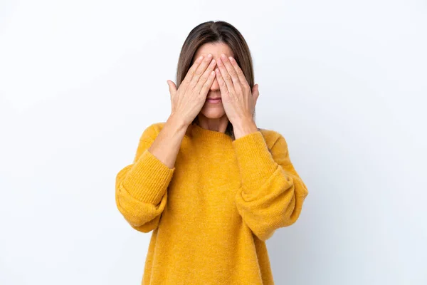 Middle Age Caucasian Woman Isolated White Background Covering Eyes Hands — ストック写真