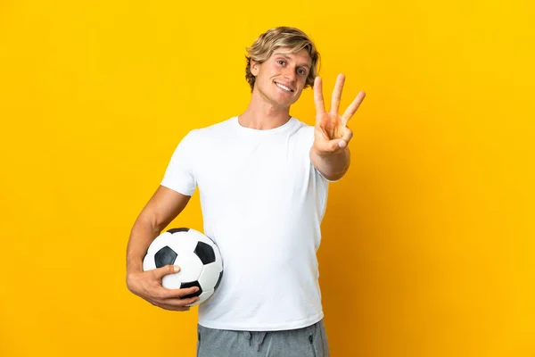English Football Player Isolated Yellow Background Happy Counting Three Fingers — Φωτογραφία Αρχείου