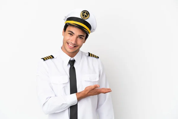 Airplane Pilot Isolated White Background Presenting Idea While Looking Smiling — Zdjęcie stockowe