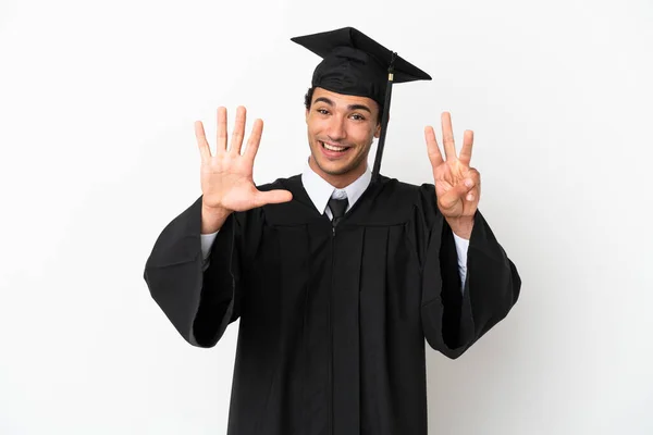 Young University Graduate Isolated White Background Counting Eight Fingers — Stockfoto