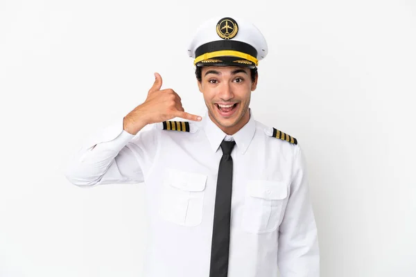 Airplane Pilot Isolated White Background Making Phone Gesture Call Back — Zdjęcie stockowe