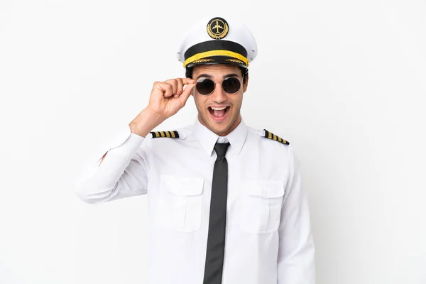 Airplane Pilot Isolated White Background Glasses Surprised — Zdjęcie stockowe