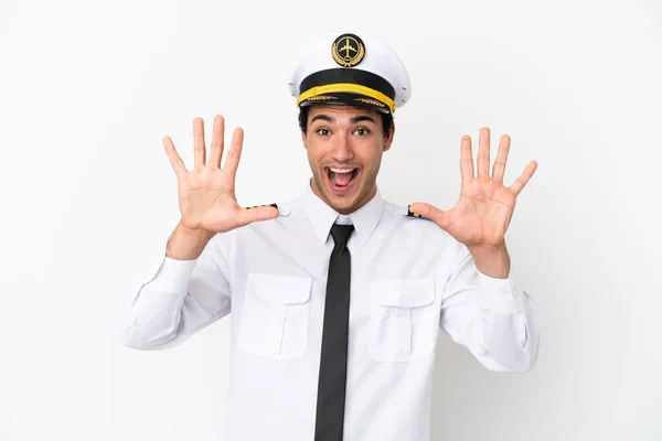 Airplane Pilot Isolated White Background Counting Ten Fingers — Stock Fotó