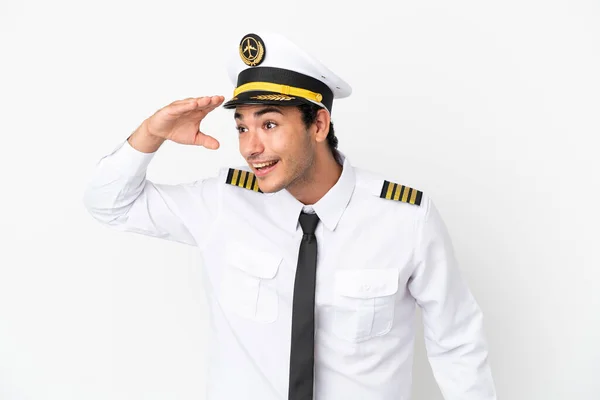 Airplane Pilot Isolated White Background Looking Far Away Hand Look — Φωτογραφία Αρχείου