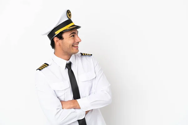 Vliegtuig Piloot Geïsoleerde Witte Achtergrond Gelukkig Glimlachend — Stockfoto