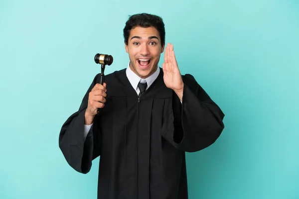 Judge Isolated Blue Background Shouting Mouth Wide Open — Stock Photo, Image