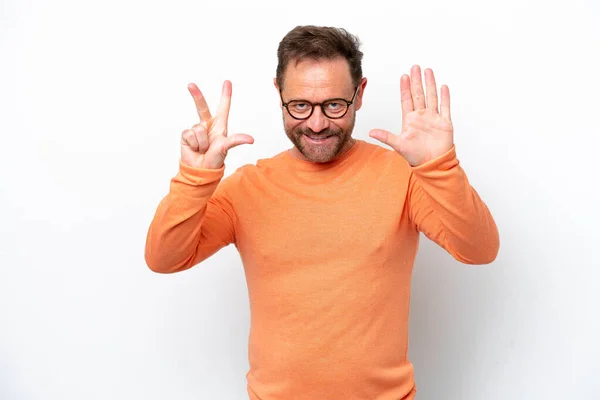 Middle Age Caucasian Man Isolated White Background Counting Eight Fingers — ストック写真