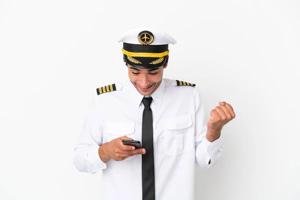 Airplane Pilot Isolated White Background Surprised Sending Message — Stock Fotó