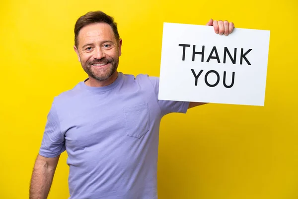 Middle Age Caucasian Man Isolated Yellow Background Holding Placard Text — Fotografia de Stock