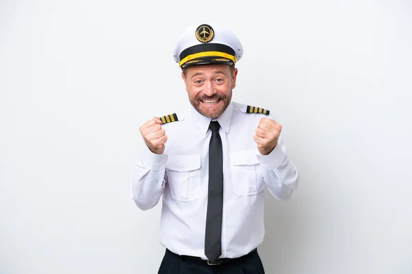 Airplane Middle Age Pilot Isolated White Background Celebrating Victory Winner — Stock fotografie