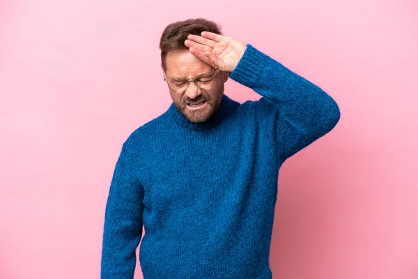 Middle Age Caucasian Man Isolated Pink Background Tired Sick Expression — Fotografia de Stock