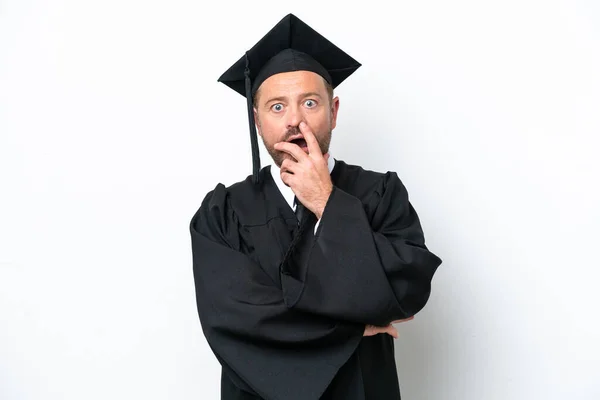 Middle Age University Graduate Man Isolated White Background Surprised Shocked — Photo