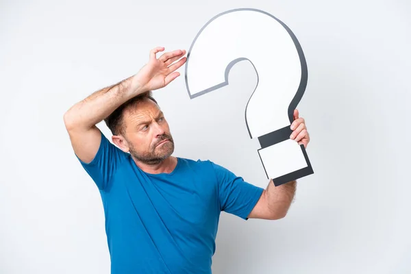 Middle Age Caucasian Man Isolated White Background Holding Question Mark — Stock fotografie