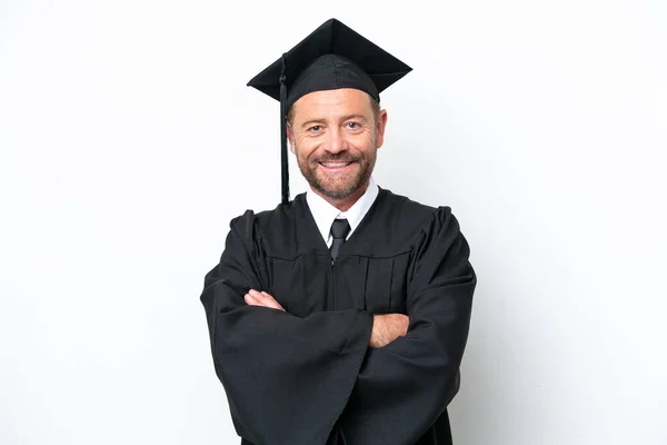 Middle Age University Graduate Man Isolated White Background Keeping Arms — Zdjęcie stockowe