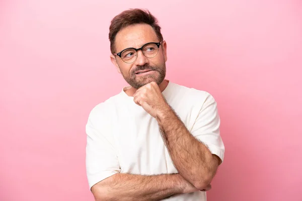 Middle Age Caucasian Man Isolated Pink Background Glasses Thinking While — ストック写真