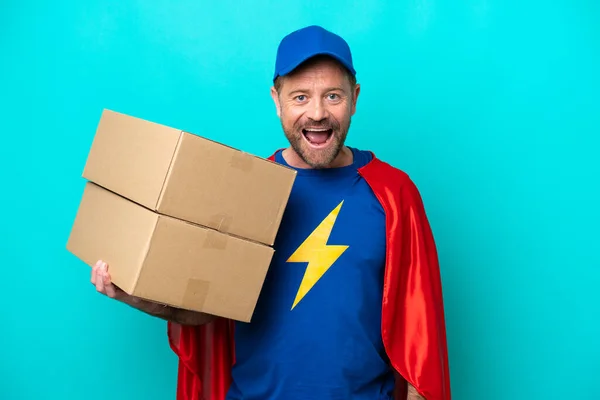 Super Hero Delivery Man Isolated Blue Background Surprise Facial Expression — 스톡 사진
