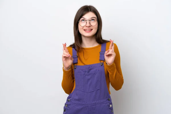 Young Russian Woman Isolated Blue Background Fingers Crossing Wishing Best — Stock Photo, Image