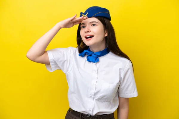 Airplane Stewardess Russian Woman Isolated Yellow Background Looking Far Away — Foto de Stock