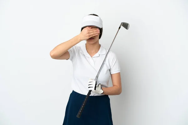 Handsome Young Golfer Player Woman Isolated White Background Covering Eyes — Foto de Stock