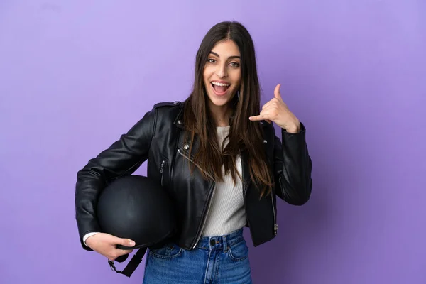 Young Caucasian Woman Motorcycle Helmet Isolated Purple Background Making Phone — ストック写真