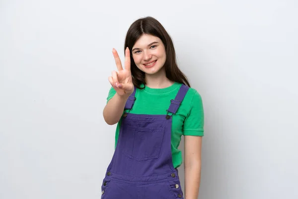 Giovane Donna Russa Isolata Sfondo Blu Sorridente Mostrando Segno Vittoria — Foto Stock