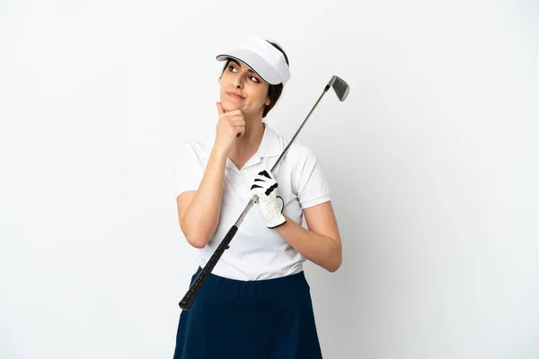 Handsome Young Golfer Player Woman Isolated White Background Having Doubts — Photo