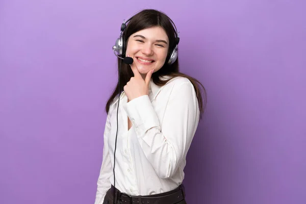 Telemarketer Russian Woman Working Headset Isolated Purple Background Smiling — 스톡 사진