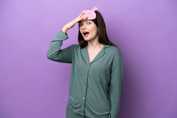 Young Russian Woman Pajamas Isolated Purple Background Doing Surprise Gesture — Φωτογραφία Αρχείου