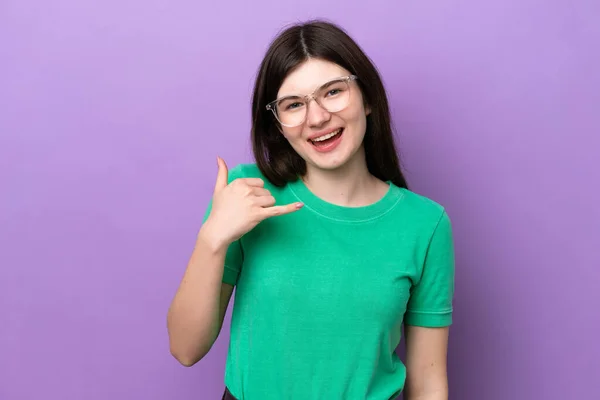Young Pretty Russian Woman Isolated Purple Background Glasses Doing Phone — Foto de Stock
