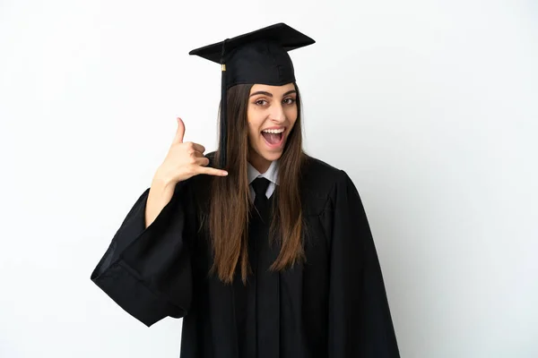 Graduado Universitario Joven Aislado Fondo Blanco Haciendo Gesto Teléfono Llámame —  Fotos de Stock