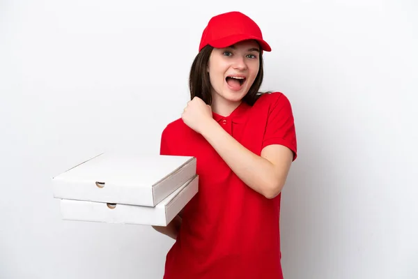 Young Russian Pizza Delivery Picking Pizza Boxes Isolated White Background — стоковое фото