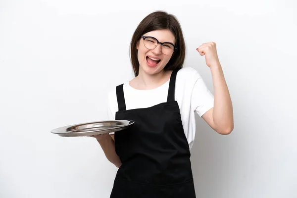 Young Russian Woman Chef Tray Isolated White Background Celebrating Victory — Photo