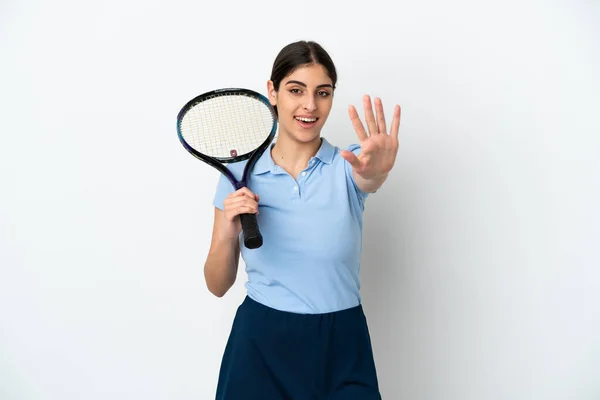 Handsome Young Tennis Player Caucasian Woman Isolated White Background Counting — Stockfoto