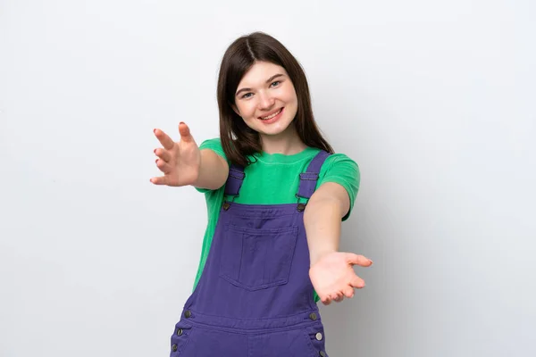 Young Russian Woman Isolated Blue Background Presenting Inviting Come Hand — Stock Photo, Image