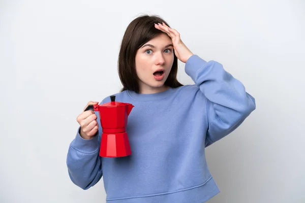Young Russian Woman Holding Coffee Pot Isolated White Background Doing — Φωτογραφία Αρχείου