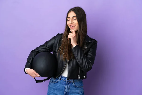 Young Caucasian Woman Motorcycle Helmet Isolated Purple Background Looking Side — ストック写真