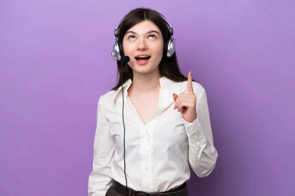Telemarketer Russian Woman Working Headset Isolated Purple Background Pointing Surprised — Zdjęcie stockowe