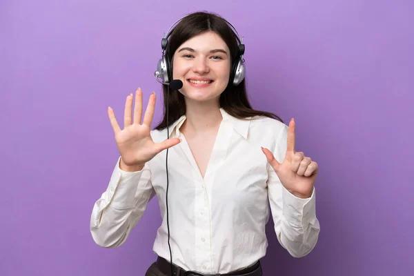 Telemarketer Russian Woman Working Headset Isolated Purple Background Counting Seven — Zdjęcie stockowe