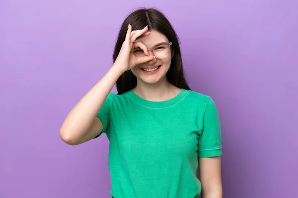 Young Pretty Russian Woman Isolated Purple Background Glasses Happy Expression — Foto de Stock