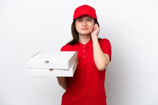 Young Russian Pizza Delivery Picking Pizza Boxes Isolated White Background — Foto Stock