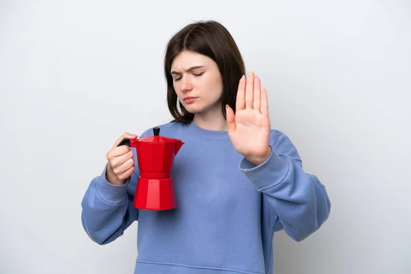 Young Russian Woman Holding Coffee Pot Isolated White Background Making — ストック写真
