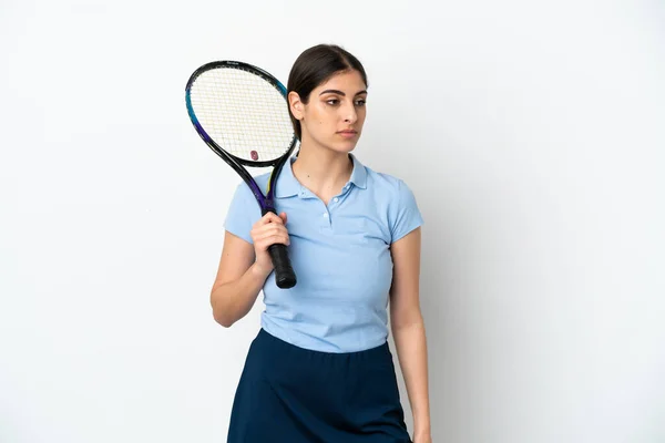 Handsome Young Tennis Player Caucasian Woman Isolated White Background Looking — Foto de Stock