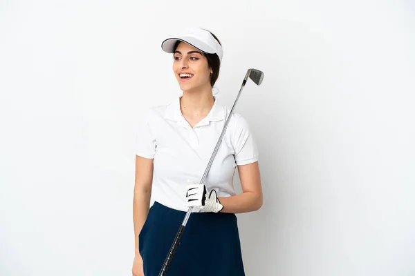 Knappe Jonge Golfer Speler Vrouw Geïsoleerd Witte Achtergrond Kijken Naar — Stockfoto